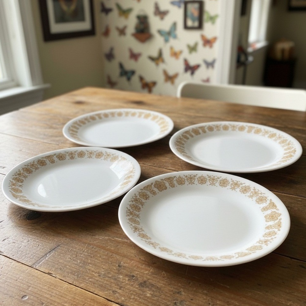 Corelle Pyrex Butterfly Gold Bread & Butter Plates, Set of 4, Vintage Opal Glass